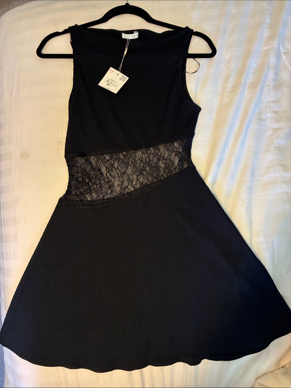 Zara Black Textured Sleeveless Dress With Sexy Lace Midriff -NWT- Size Small